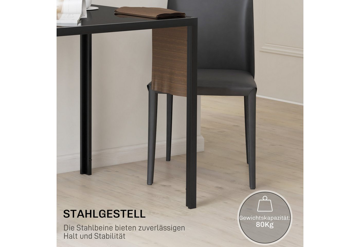 HOMCOM Esstisch Quadratischer Tisch, für 4 Personen, Hartglas mit Metallbeine (Esszimmertisch, 1-St., Küchentisch), bis 80 kg belastbar, für Küche, Esszimmer, 7 – Bild 5 von 5
