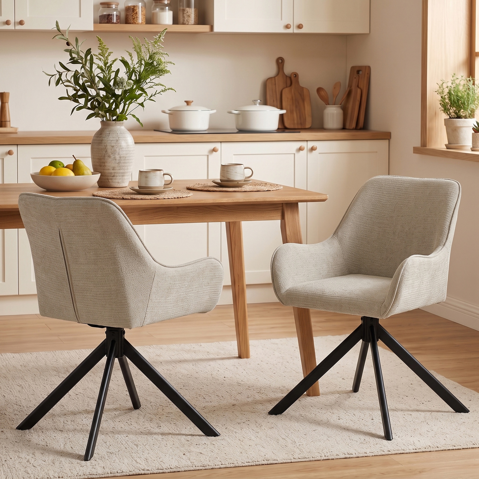 HOMCOM Esszimmerstühle 2er-Set, Drehbarer Küchenstuhl mit Armlehnen, Metallrahmen, Essstuhl Polsterstuhl mit Chenille-Optik, für Wohnzimmer, Esszimmer, Beige Ao – Bild 2 von 2