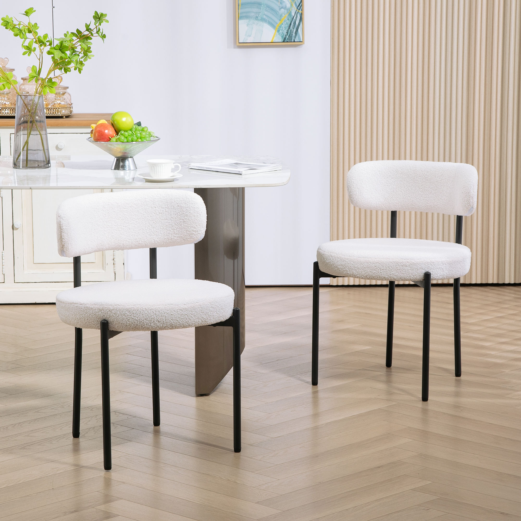 HOMCOM Esszimmerstühle 2er Set Küchenstuhl mit Rückenlehne, Fleeceoptik, Modern Sessel Polsterstuhl Stühle mit Stahlbeine, für Esszimmer, Esstisch, Cremeweiß Ao – Bild 2 von 2