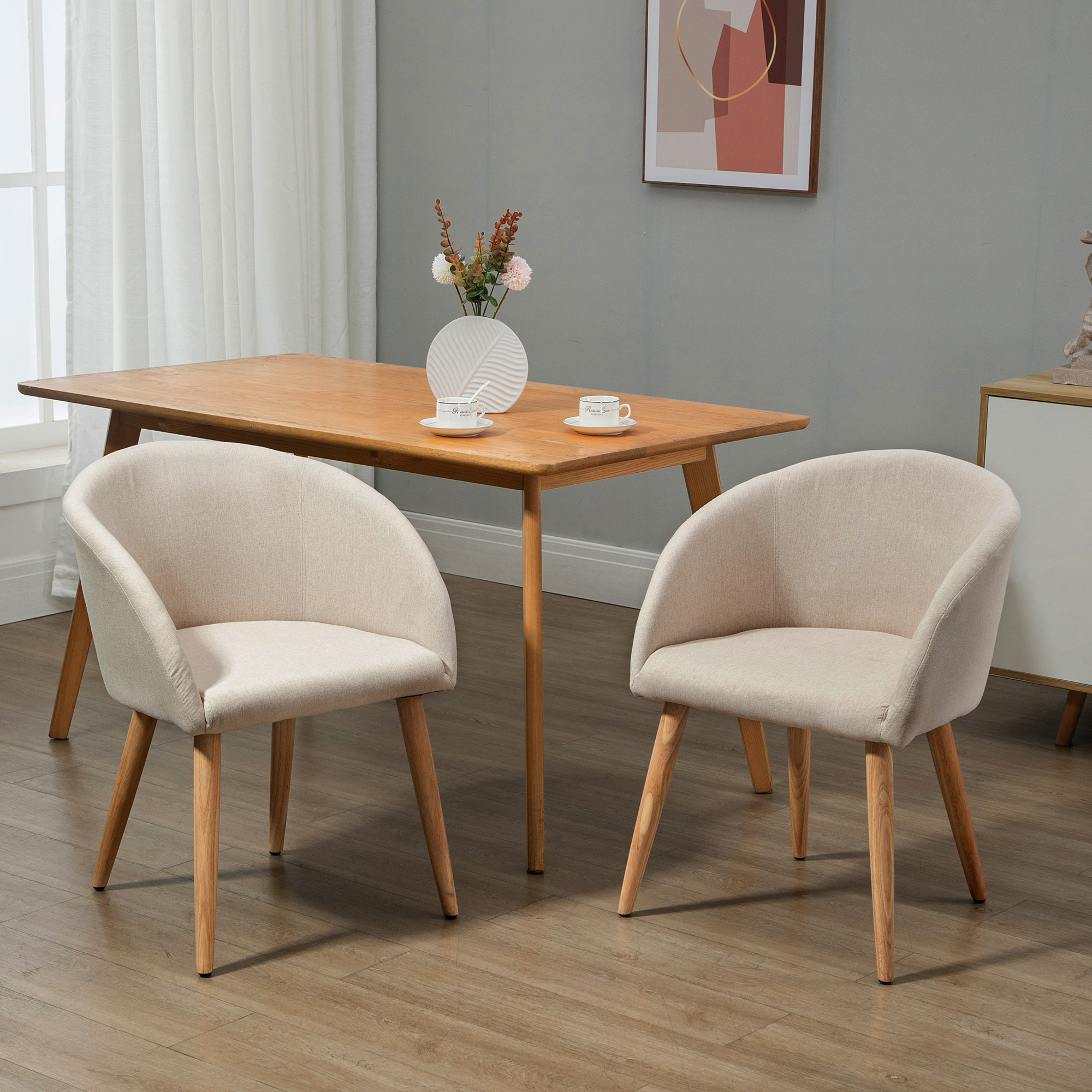 HOMCOM Esszimmerstühle 2er Set Küchenstuhl mit Rückenlehne, Leinen-Optik, modern Polsterstuhl mit Armlehne, Holzbeine, Sessel für Esstisch, Essstuhl für Lounge  – Bild 2 von 2