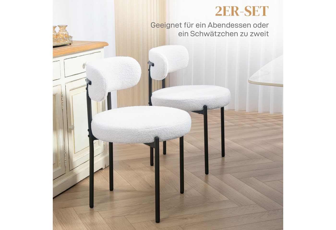 HOMCOM Esszimmerstuhl Küchenstuhl mit Fleeceoptik, geschwungene Rückenlehne, Polsterstuhl (2er Set Esszimmerstühle, 2 St), für Esszimmer, Esstisch, Cremeweiß – Bild 4 von 5