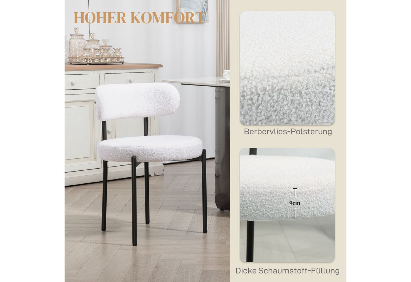 HOMCOM Esszimmerstuhl Küchenstuhl mit Fleeceoptik, geschwungene Rückenlehne, Polsterstuhl (2er Set Esszimmerstühle, 2 St), für Esszimmer, Esstisch, Cremeweiß – Bild 5 von 5