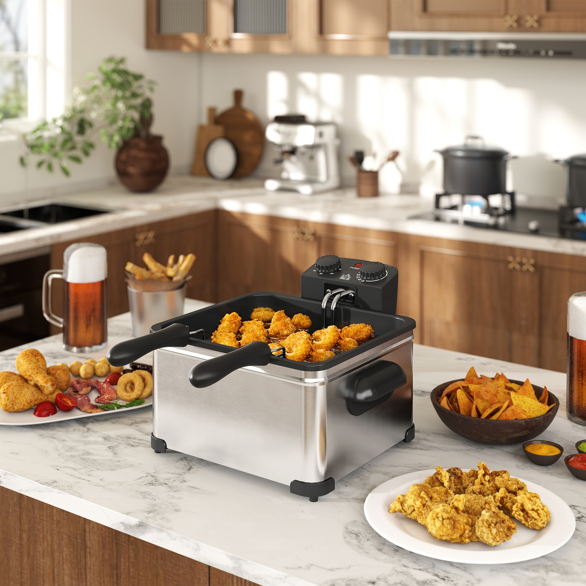 HOMCOM Fritteuse mit 5L Kapazität, Einstellbare Temperatur & Timer, Öl-Fritteuse mit Abnehmbarer Öl-Behälter, Sichtfenster, Überhitzungsschutz, 2000 W Edelstahl – Bild 2 von 2