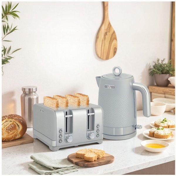 HOMCOM Frühstücks-Set 2200W Schnell, Kalkfilter, 7 Bräunungsstufen, Krümelfach, Grau (2-tlg), 4-Scheiben-Toaster, 1,7L Wasserkocher