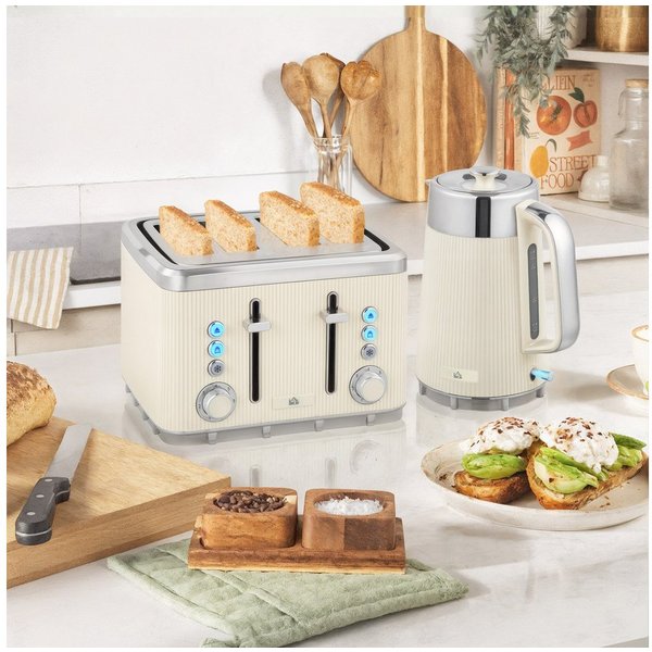 HOMCOM Frühstücks-Set Wasserkocher Toaster Set 1,7L mit Edelstahl-Innenraum 2200W (2-tlg), 4 Scheiben Toaster mit 7 Bräunungsstufen, Kalkfilter