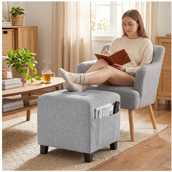 HOMCOM Fußhocker Hocker quadratischer Sitzhocker mit Seitentasche (Ottoman, 1 St., Polsterhocker), für Schlafzimmer, Wohnzimmer, 35 x 35 x 35 cm, Hellgrau