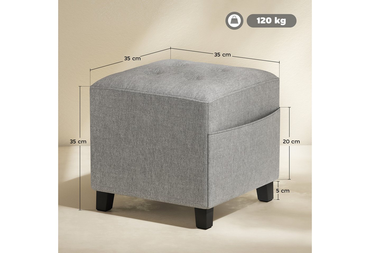 HOMCOM Fußhocker Hocker quadratischer Sitzhocker mit Seitentasche (Ottoman, 1 St., Polsterhocker), für Schlafzimmer, Wohnzimmer, 35 x 35 x 35 cm, Hellgrau – Bild 3 von 5