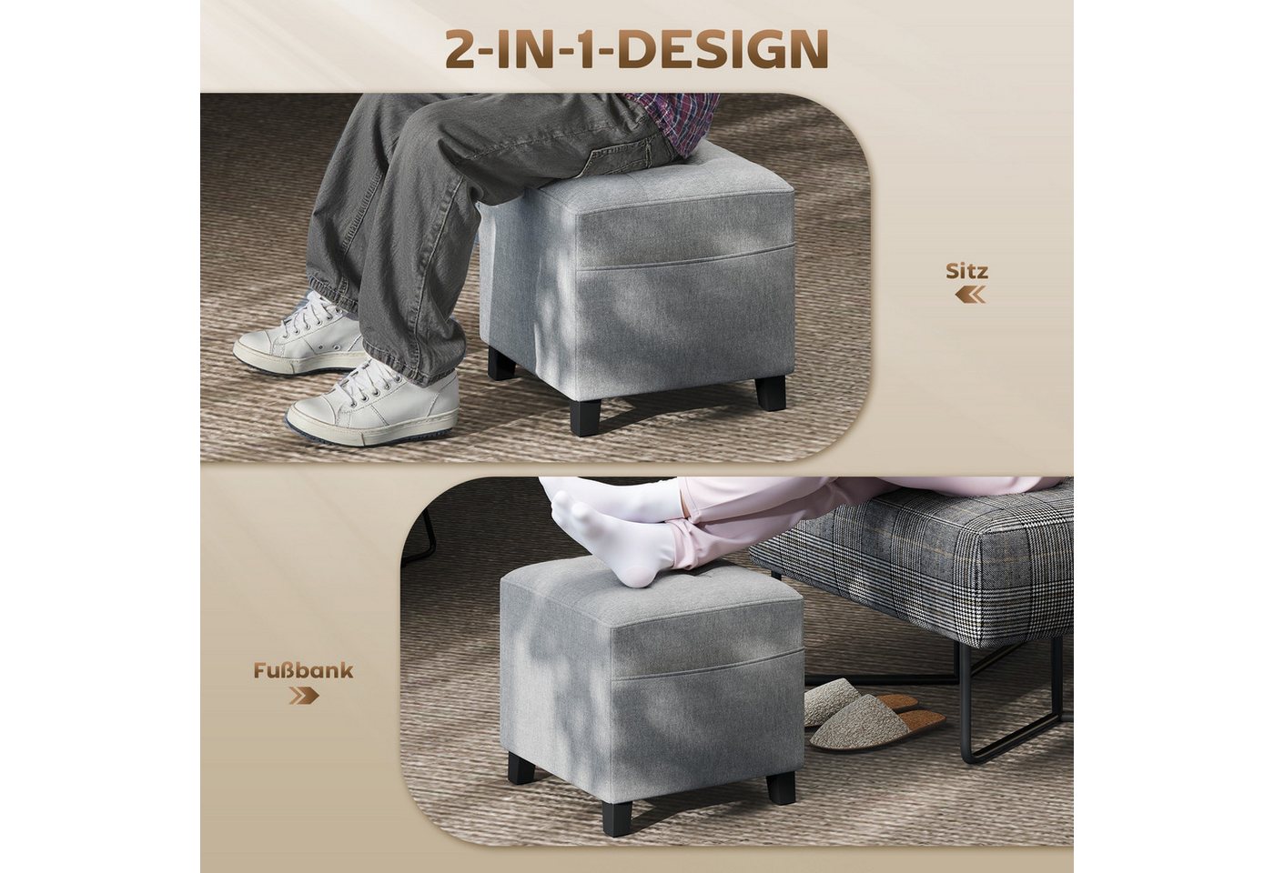 HOMCOM Fußhocker Hocker quadratischer Sitzhocker mit Seitentasche (Ottoman, 1 St., Polsterhocker), für Schlafzimmer, Wohnzimmer, 35 x 35 x 35 cm, Hellgrau – Bild 4 von 5