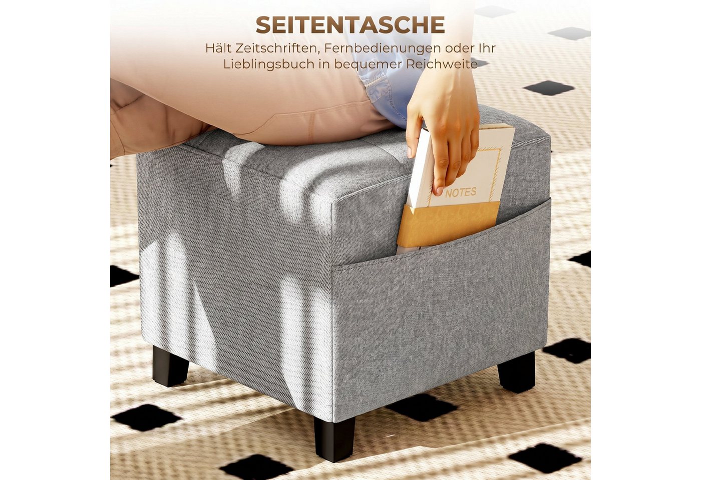 HOMCOM Fußhocker Hocker quadratischer Sitzhocker mit Seitentasche (Ottoman, 1 St., Polsterhocker), für Schlafzimmer, Wohnzimmer, 35 x 35 x 35 cm, Hellgrau – Bild 5 von 5