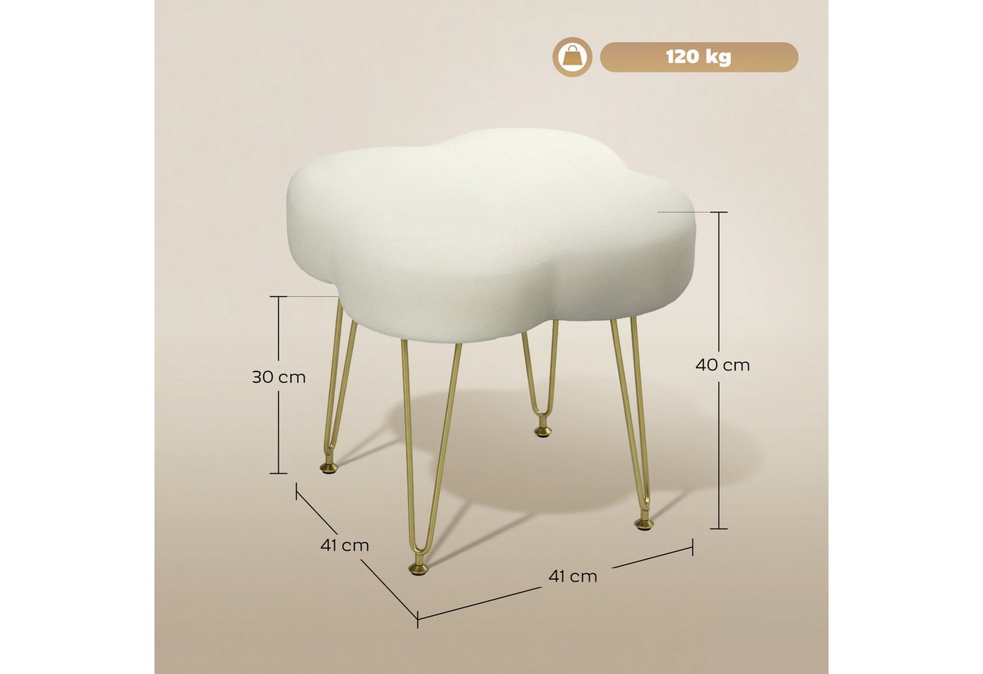 HOMCOM Fußhocker Hocker Sitzhocker in Kleeblattform mit Stahlbeinen (Polsterhocker mit Samtoptik, 1 St., Hocker), für Schlafzimmer, Wohnzimmer, Cremeweiß – Bild 3 von 5