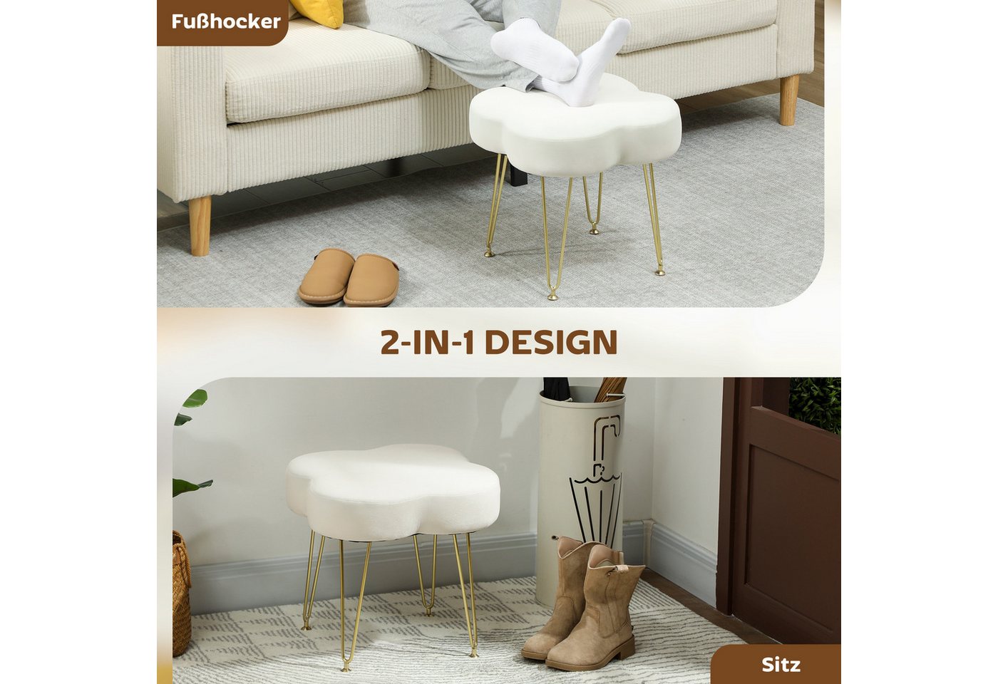 HOMCOM Fußhocker Hocker Sitzhocker in Kleeblattform mit Stahlbeinen (Polsterhocker mit Samtoptik, 1 St., Hocker), für Schlafzimmer, Wohnzimmer, Cremeweiß – Bild 4 von 5