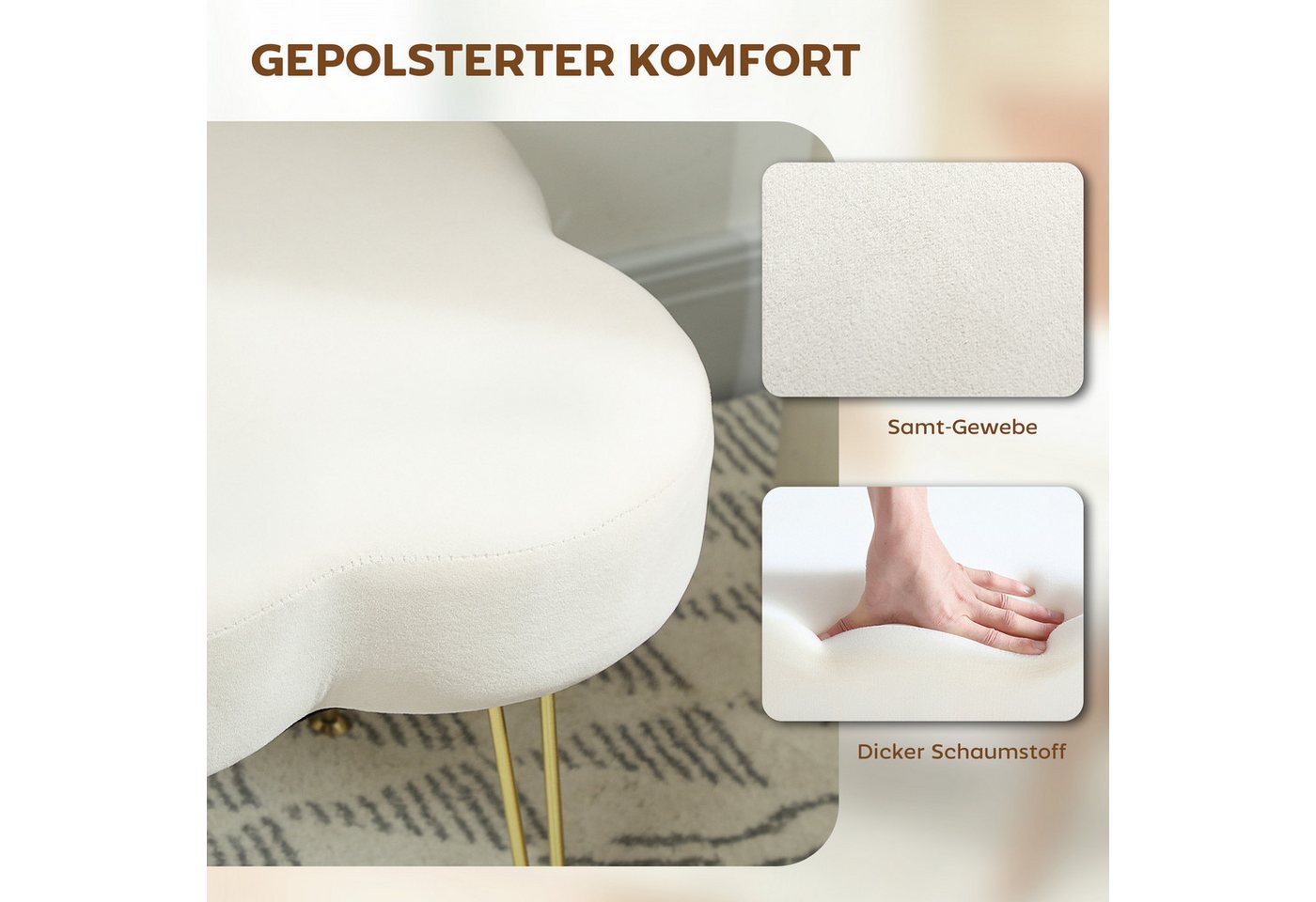 HOMCOM Fußhocker Hocker Sitzhocker in Kleeblattform mit Stahlbeinen (Polsterhocker mit Samtoptik, 1 St., Hocker), für Schlafzimmer, Wohnzimmer, Cremeweiß – Bild 5 von 5