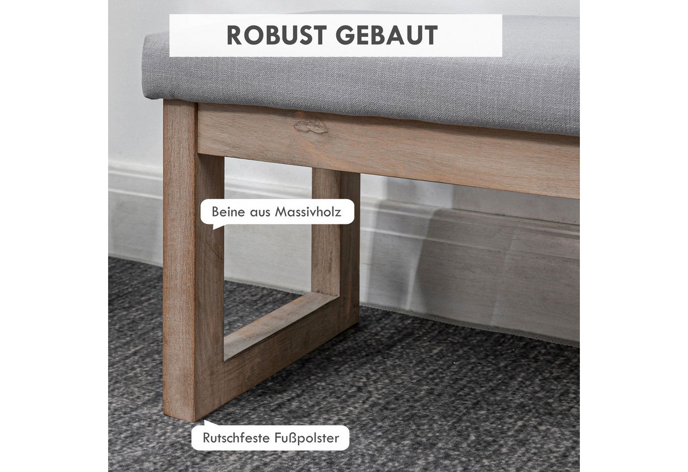 HOMCOM Fußhocker Polsterhocker mit Leinenoptik, Sitzhocker mit Holzbeine (Eingangbank, 1 St., Fußbank), Grau 68 x 38 x 42 cm – Bild 4 von 5