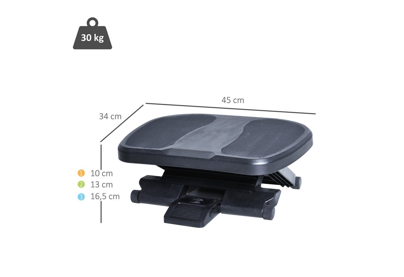 HOMCOM Fußhocker Schreibtisch, 3 Stufig Höhenverstellbar Fußbank, Ergonomische (Fußbank, 1 St., Fußablage), Schwarz 45 x 34 x 10-16,5 cm – Bild 3 von 5