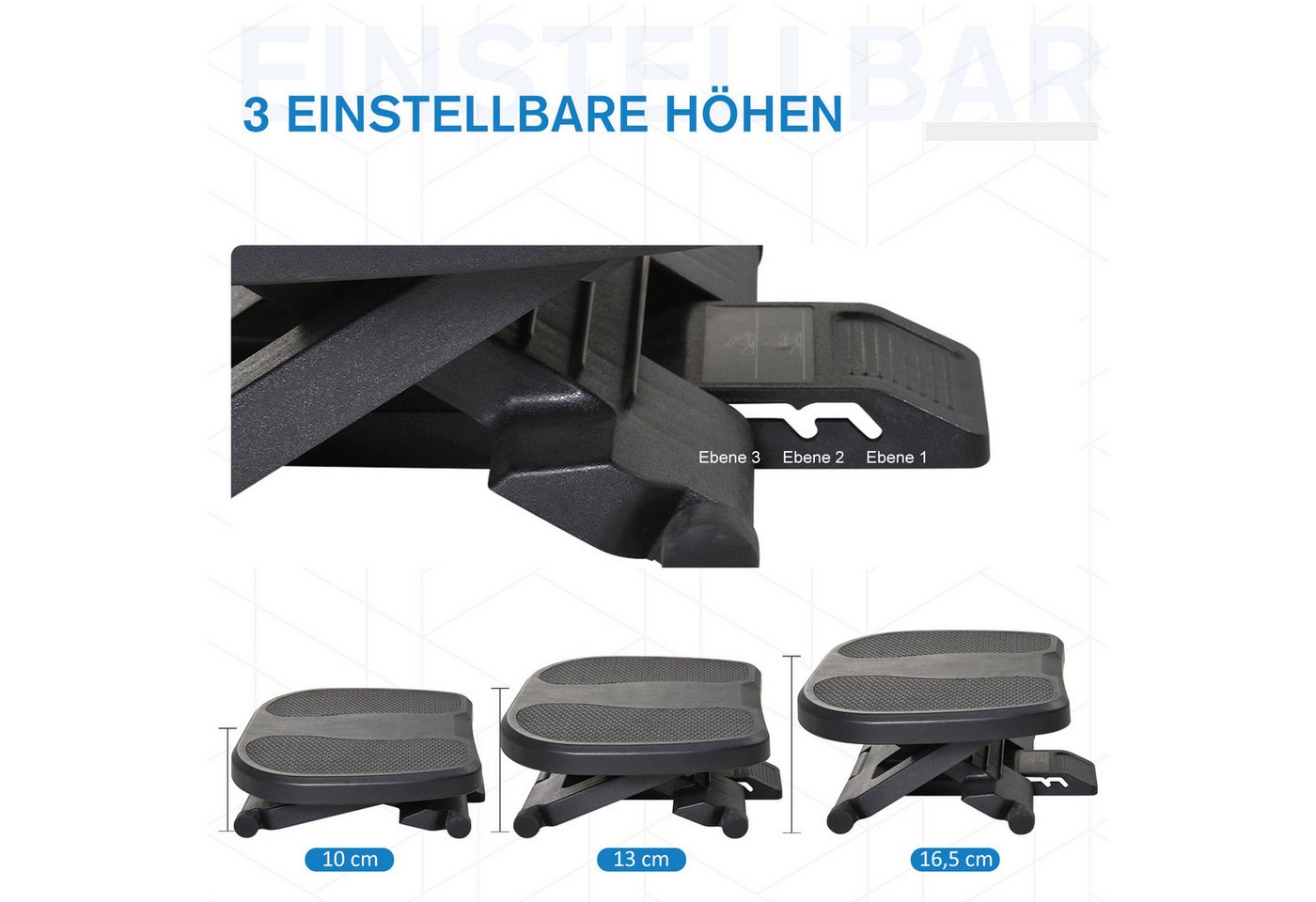 HOMCOM Fußhocker Schreibtisch, 3 Stufig Höhenverstellbar Fußbank, Ergonomische (Fußbank, 1 St., Fußablage), Schwarz 45 x 34 x 10-16,5 cm – Bild 4 von 5