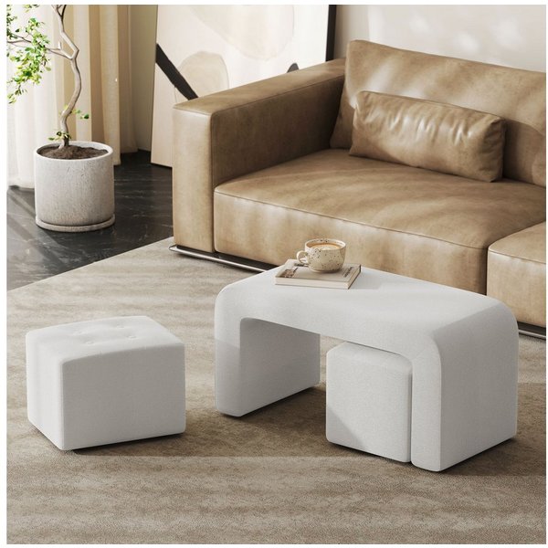 HOMCOM Fußhocker Sitzbank 3 tlg., Sitzhocker, Polsterhocker für Wohnzimmer (Fußstütze, 3 St., Sitzhocker), Weiß 89 x 42,5 x 45 cm