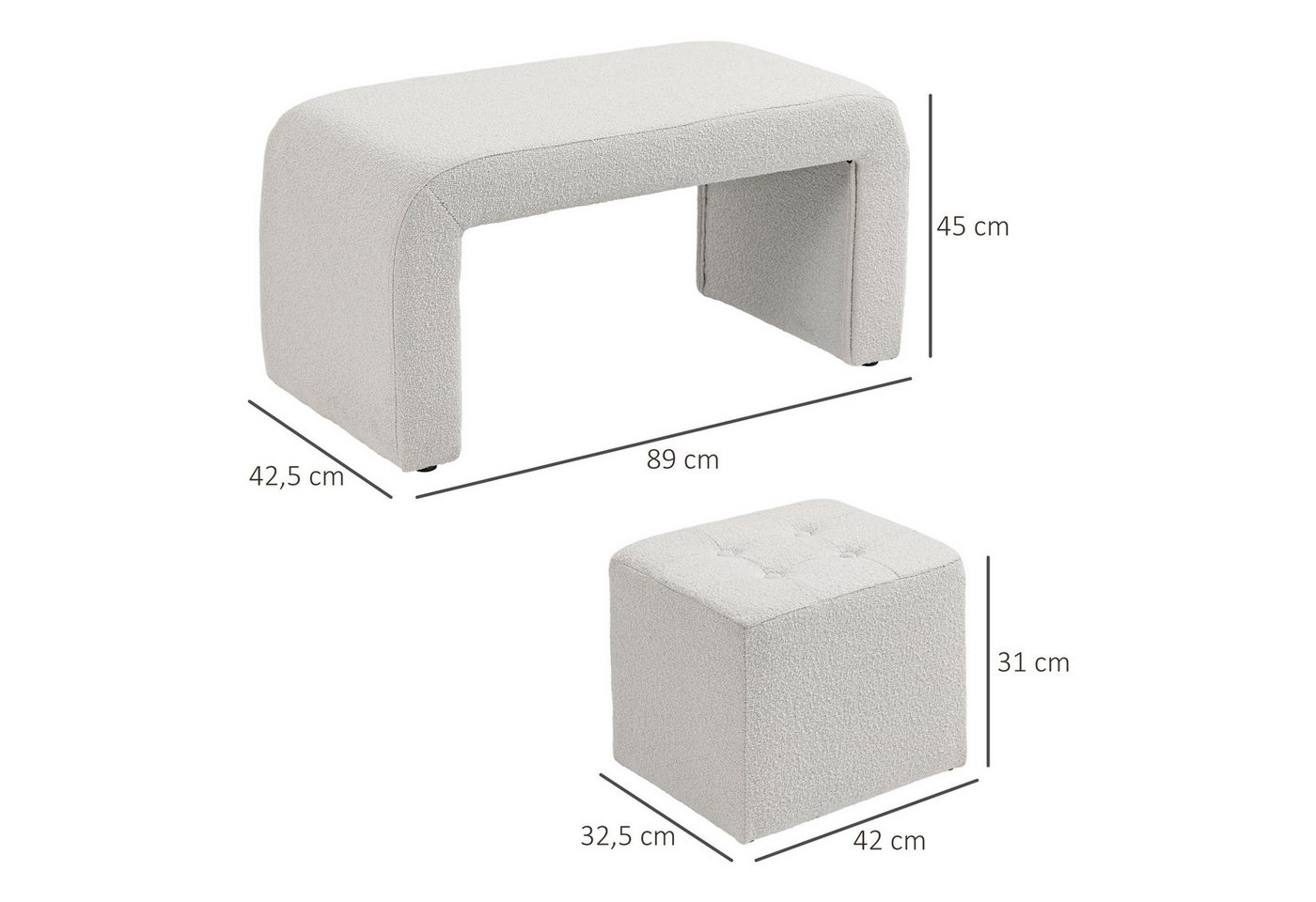 HOMCOM Fußhocker Sitzbank 3 tlg., Sitzhocker, Polsterhocker für Wohnzimmer (Fußstütze, 3 St., Sitzhocker), Weiß 89 x 42,5 x 45 cm – Bild 3 von 5
