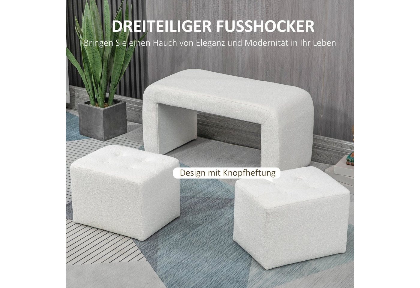 HOMCOM Fußhocker Sitzbank 3 tlg., Sitzhocker, Polsterhocker für Wohnzimmer (Fußstütze, 3 St., Sitzhocker), Weiß 89 x 42,5 x 45 cm – Bild 4 von 5