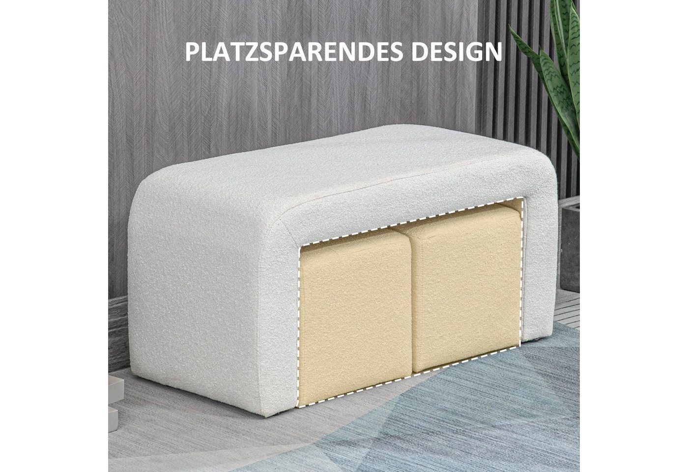 HOMCOM Fußhocker Sitzbank 3 tlg., Sitzhocker, Polsterhocker für Wohnzimmer (Fußstütze, 3 St., Sitzhocker), Weiß 89 x 42,5 x 45 cm – Bild 5 von 5