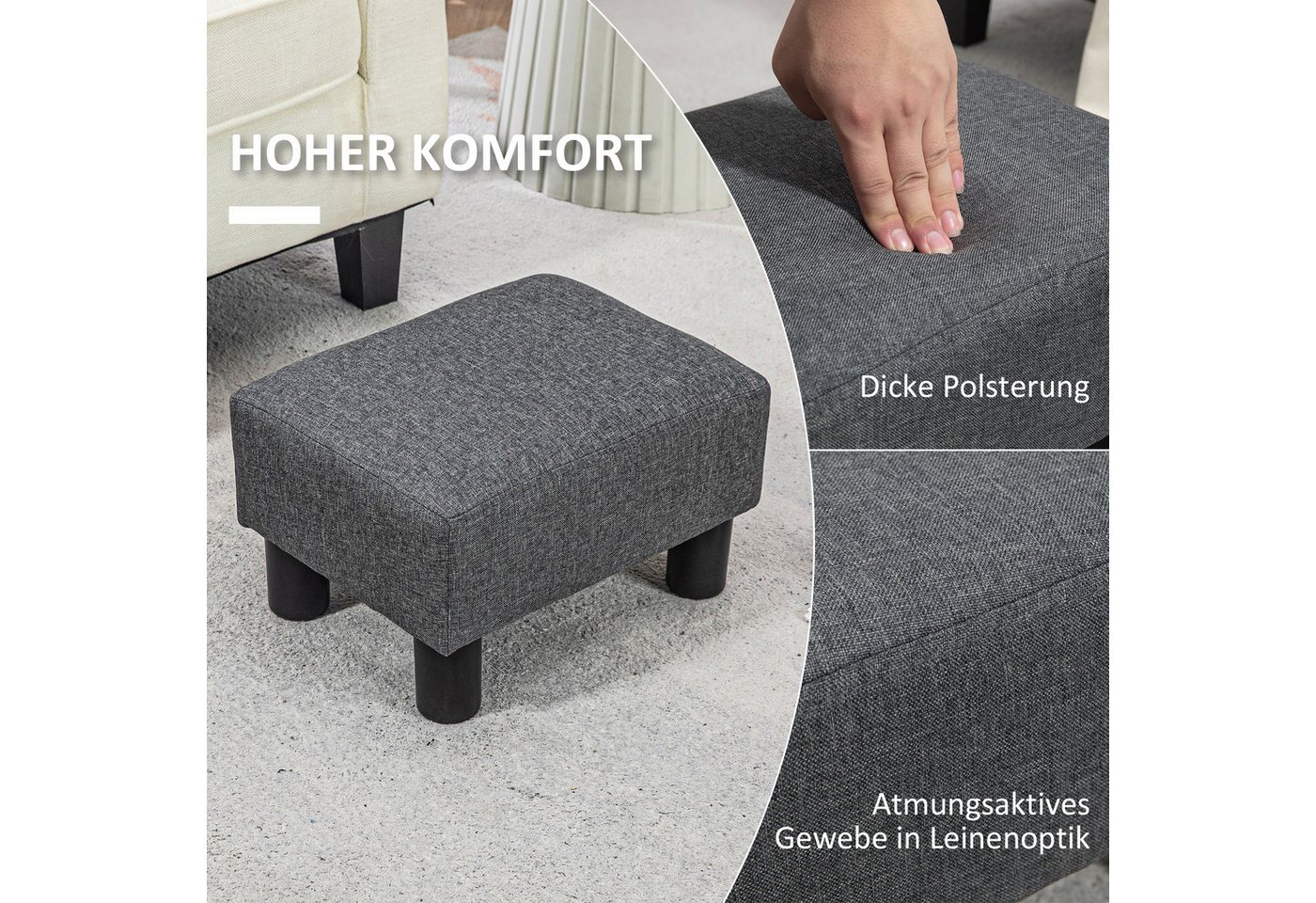HOMCOM Fußhocker Sitzhocker Hocker mit Leinenoptik Moderner für Schlafzimmer (Moderner Polsterhocker, 1 St., Ottomane für Schlafzimmer, Wohnzimmer), 40 x 30 x 2 – Bild 4 von 5