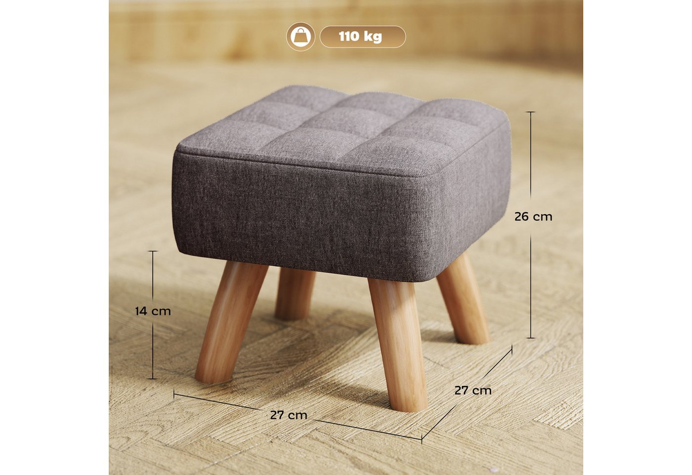 HOMCOM Fußhocker Sitzhocker Hocker quadratisch mit weichem Sitzkissen Holzbeinen (Moderner Sitzhocker, 1 St., Polsterhocker), für Schlafzimmer, Wohnzimmer, Grau – Bild 3 von 5