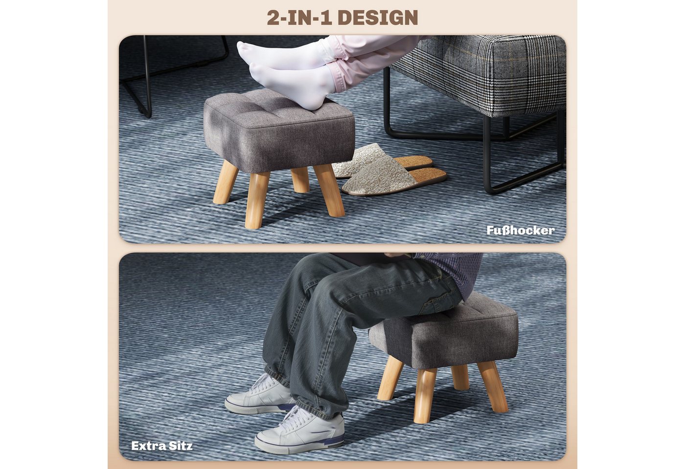 HOMCOM Fußhocker Sitzhocker Hocker quadratisch mit weichem Sitzkissen Holzbeinen (Moderner Sitzhocker, 1 St., Polsterhocker), für Schlafzimmer, Wohnzimmer, Grau – Bild 4 von 5