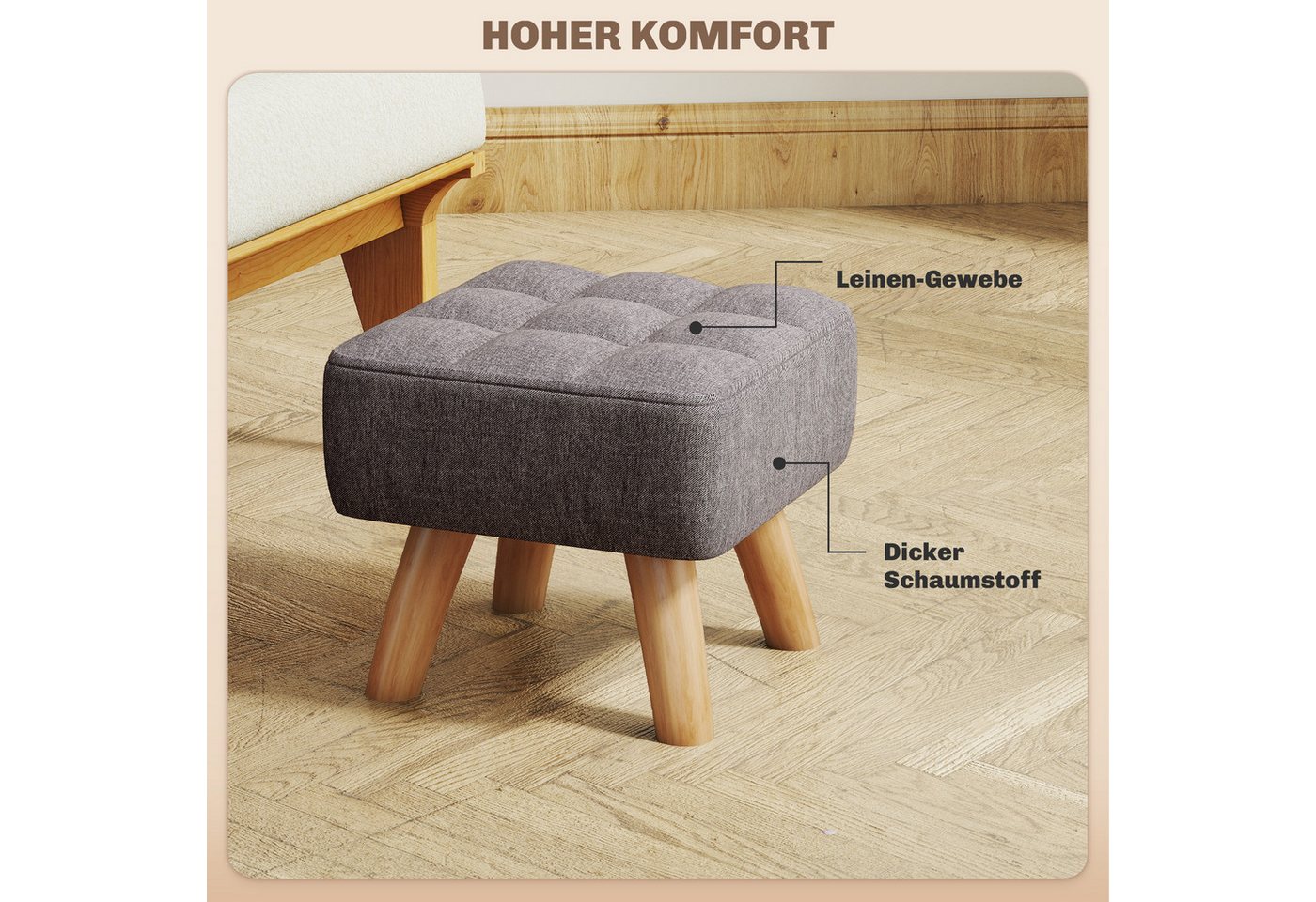 HOMCOM Fußhocker Sitzhocker Hocker quadratisch mit weichem Sitzkissen Holzbeinen (Moderner Sitzhocker, 1 St., Polsterhocker), für Schlafzimmer, Wohnzimmer, Grau – Bild 5 von 5