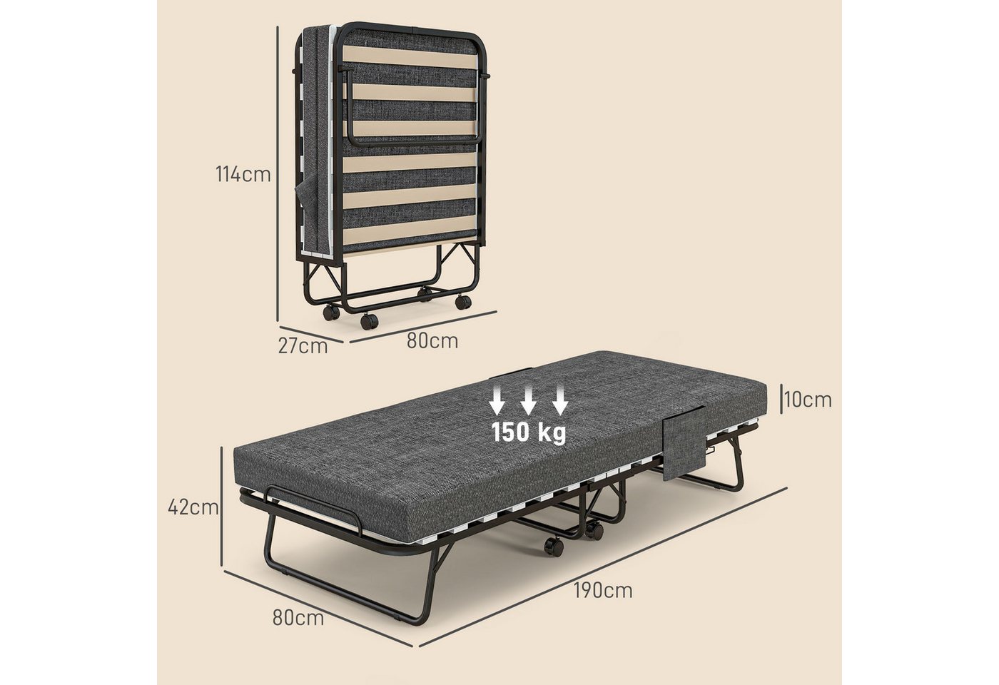 HOMCOM Gästebett Reisebett mit Rollen, mit Seitentasche, 190x80x42cm (Gästebett, 1-St., Klappbett) mit 10cm Matratze, Dunkelgrau – Bild 3 von 5