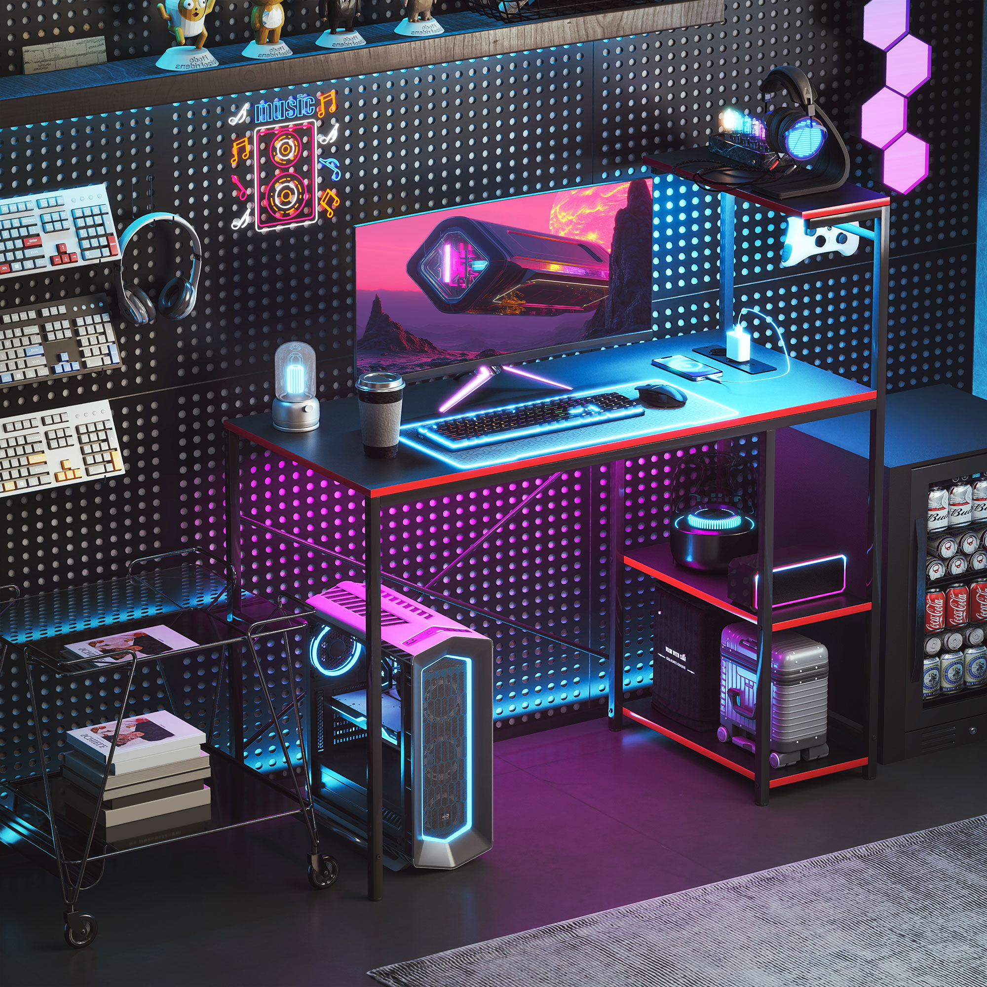 HOMCOM Gaming-Schreibtisch mit LED, 110x50 cm, Steckdosen, Regale und Fernbedienung, für Zuhause/Studio, Schwarz in Carbon-Look Aosom – Bild 2 von 2