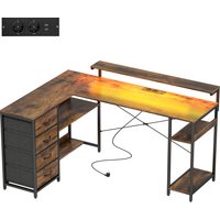 HOMCOM Gaming Tisch L-förmiger Schreibtisch mit Stromanschluss, LED-Beleuchtung, 4 Schubladen, Monitorständer, reversibler Computertisch Spanplatte, Stahl Rusti