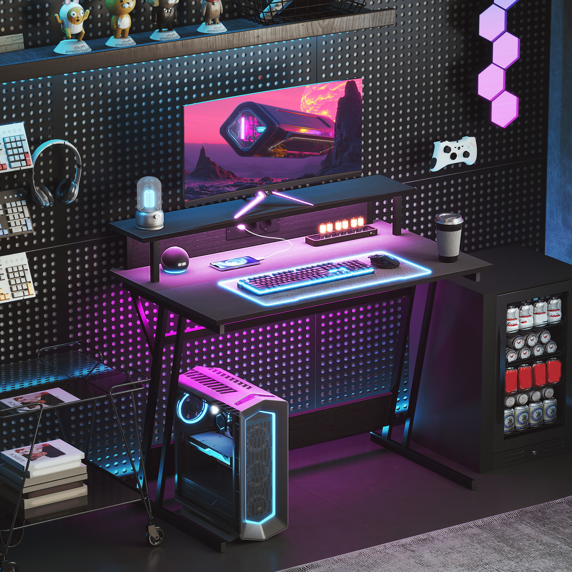 HOMCOM Gaming-Tisch mit LED-Beleuchtung, 100x60 cm, Gaming-Schreibtisch, Tisch mit Steckdosen, Monitorhalterung, Ablagen und Fernbedienung, für Büro, Arbeitszim – Bild 2 von 2