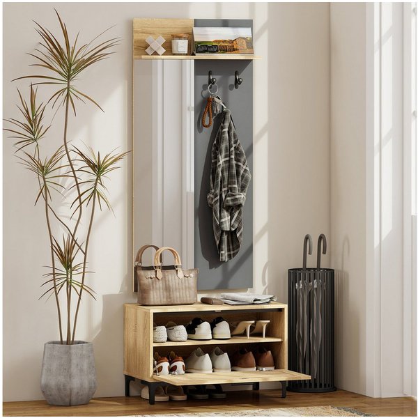 HOMCOM Garderoben-Set Garderobe mit Spiegel, Haken, Schuhbank, Ablage, (Garderobenständer, 2-St., Garderobenset), für den Flur, 60 x 13,5 x 127,5 cm, Naturholz