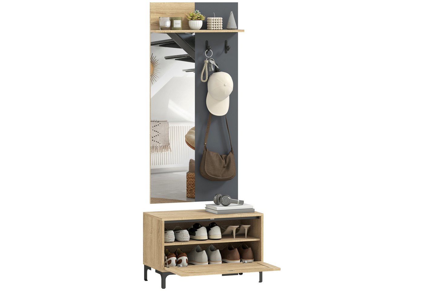 HOMCOM Garderoben-Set Garderobe mit Spiegel, Haken, Schuhbank, Ablage, (Garderobenständer, 2-St., Garderobenset), für den Flur, 60 x 13,5 x 127,5 cm, Naturholz – Bild 2 von 5