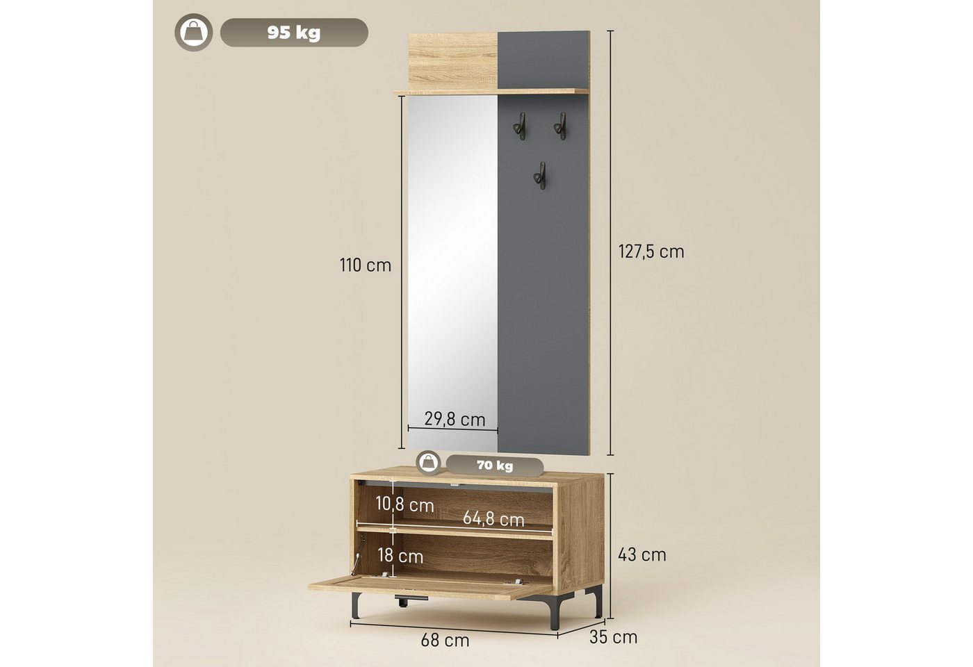 HOMCOM Garderoben-Set Garderobe mit Spiegel, Haken, Schuhbank, Ablage, (Garderobenständer, 2-St., Garderobenset), für den Flur, 60 x 13,5 x 127,5 cm, Naturholz – Bild 3 von 5
