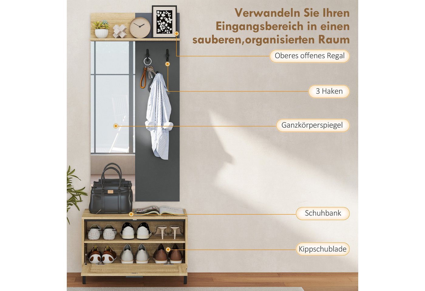 HOMCOM Garderoben-Set Garderobe mit Spiegel, Haken, Schuhbank, Ablage, (Garderobenständer, 2-St., Garderobenset), für den Flur, 60 x 13,5 x 127,5 cm, Naturholz – Bild 4 von 5