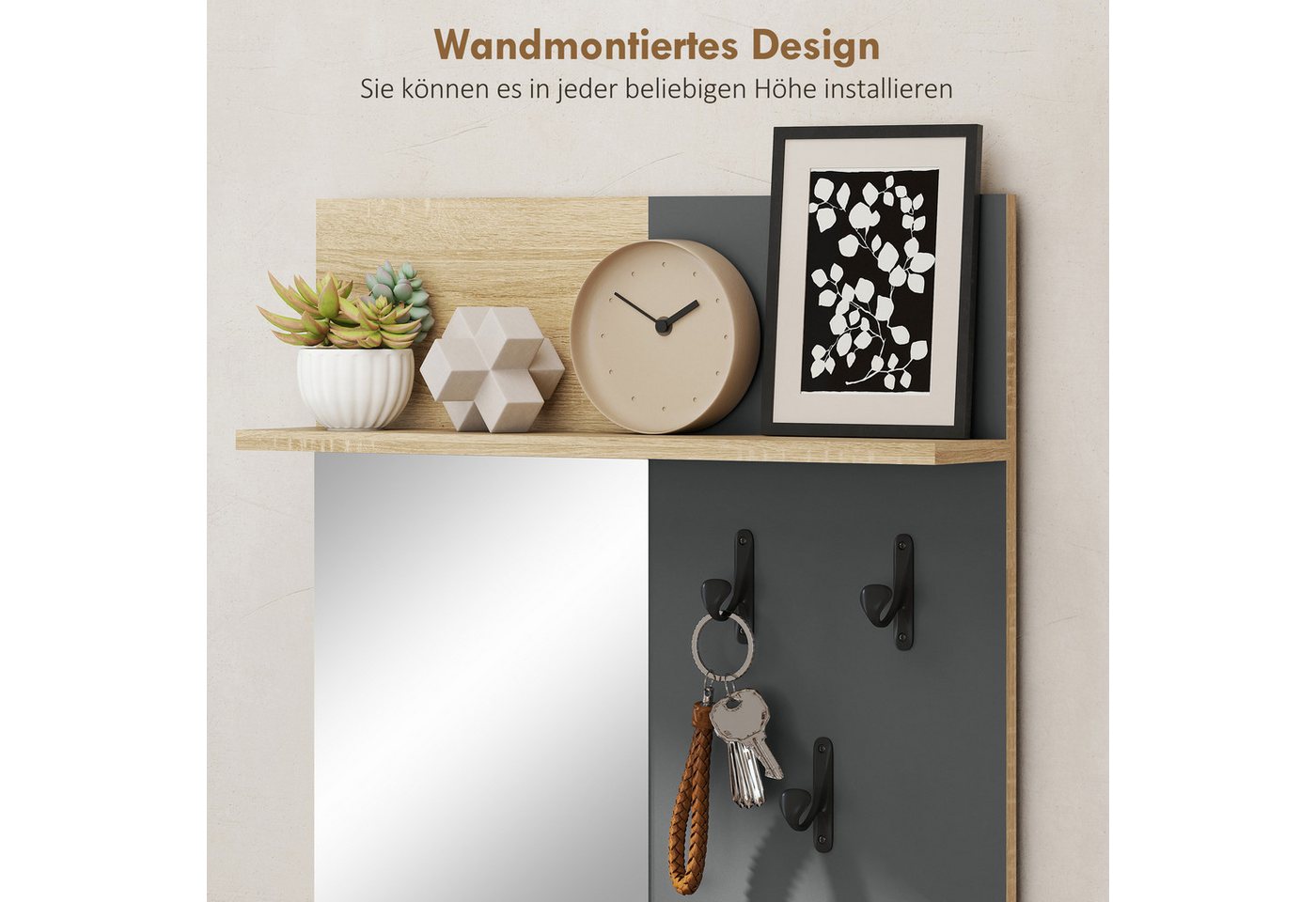 HOMCOM Garderoben-Set Garderobe mit Spiegel, Haken, Schuhbank, Ablage, (Garderobenständer, 2-St., Garderobenset), für den Flur, 60 x 13,5 x 127,5 cm, Naturholz – Bild 5 von 5