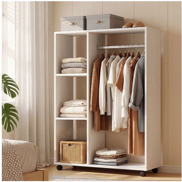 HOMCOM Garderobenschrank Kleiderschrank,auf Rollen,mobile Garderobe,Kleiderstange,3 Regale (Garderobenschrank, 1-St., Rollbarer Kleiderständer) für Flur, Schlaf