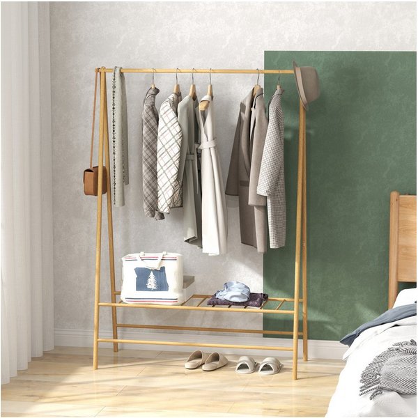 HOMCOM Garderobenständer Bambus, mit Ablagen und Haken, Kleiderstange, (Kleiderbügel, 1 St., Kleiderständer), für Flur, Wohnzimmer Schlafzimmer, 116 x 43,5 x 16