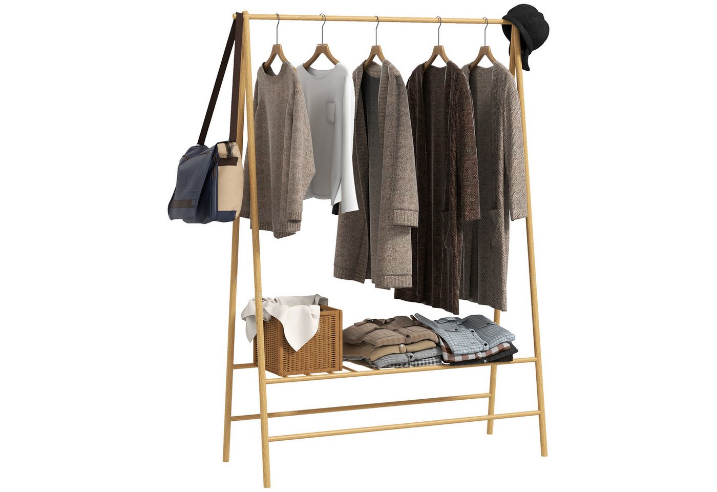 HOMCOM Garderobenständer Bambus, mit Ablagen und Haken, Kleiderstange, (Kleiderbügel, 1 St., Kleiderständer), für Flur, Wohnzimmer Schlafzimmer, 116 x 43,5 x 16 – Bild 2 von 5