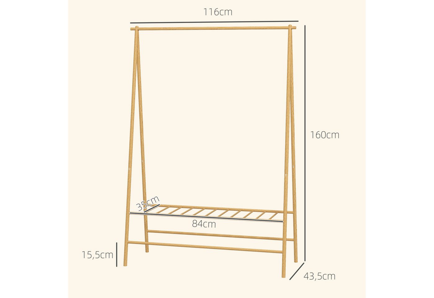 HOMCOM Garderobenständer Bambus, mit Ablagen und Haken, Kleiderstange, (Kleiderbügel, 1 St., Kleiderständer), für Flur, Wohnzimmer Schlafzimmer, 116 x 43,5 x 16 – Bild 3 von 5