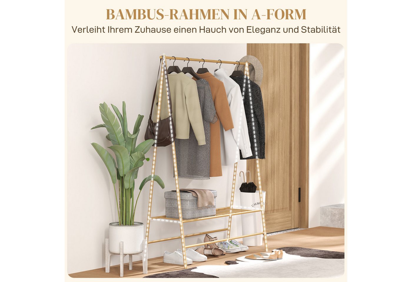 HOMCOM Garderobenständer Bambus, mit Ablagen und Haken, Kleiderstange, (Kleiderbügel, 1 St., Kleiderständer), für Flur, Wohnzimmer Schlafzimmer, 116 x 43,5 x 16 – Bild 5 von 5