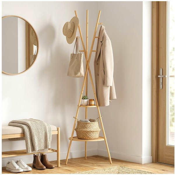 HOMCOM Garderobenständer Jackerständer Garderobe mit 9 Haken, für Flur, Eingangsbereich, (Set, 1 St., 1), aus Bambus, 2 Ablagefächer