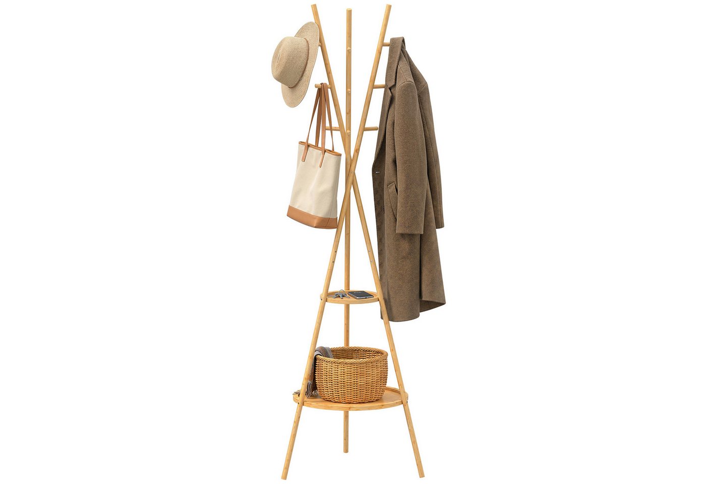 HOMCOM Garderobenständer Jackerständer Garderobe mit 9 Haken, für Flur, Eingangsbereich, (Set, 1 St., 1), aus Bambus, 2 Ablagefächer – Bild 2 von 5