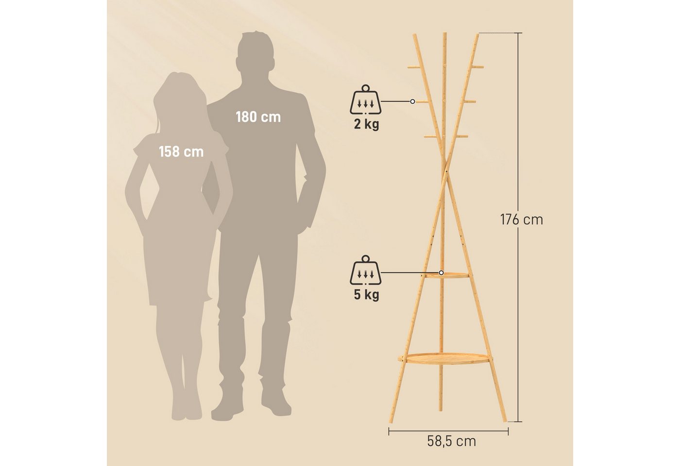 HOMCOM Garderobenständer Jackerständer Garderobe mit 9 Haken, für Flur, Eingangsbereich, (Set, 1 St., 1), aus Bambus, 2 Ablagefächer – Bild 3 von 5