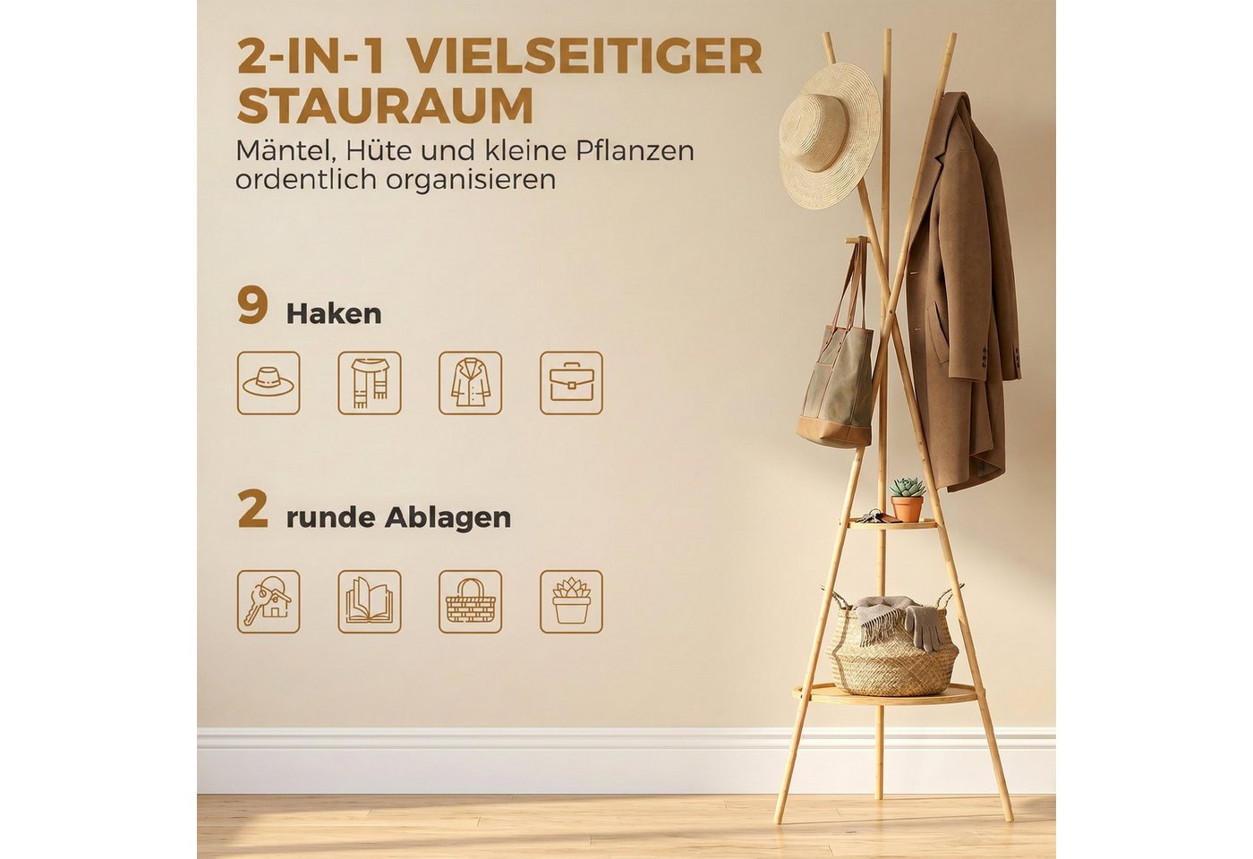 HOMCOM Garderobenständer Jackerständer Garderobe mit 9 Haken, für Flur, Eingangsbereich, (Set, 1 St., 1), aus Bambus, 2 Ablagefächer – Bild 4 von 5