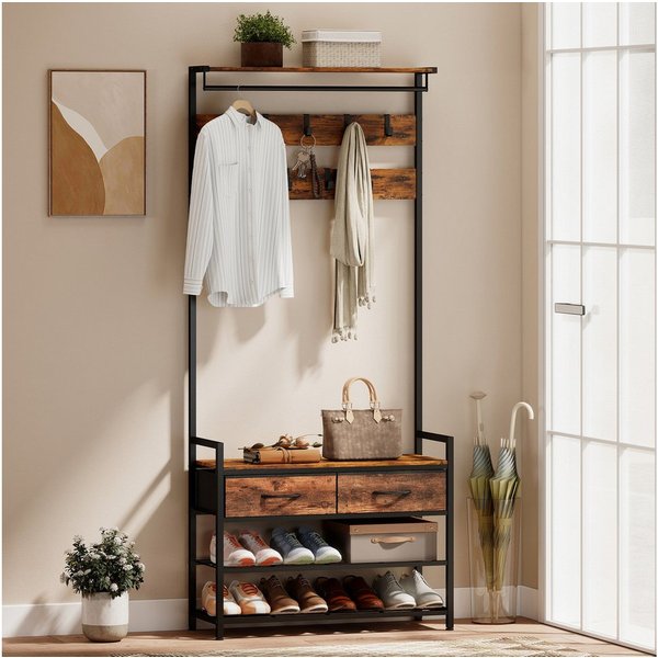 HOMCOM Garderobenständer Kleiderständer, Schuhbank, Kleiderstange, Stoff-Schublade, (Set, 1 St., 1), 5-in-1 Flurgarderobe mit Bank & Schuhregal