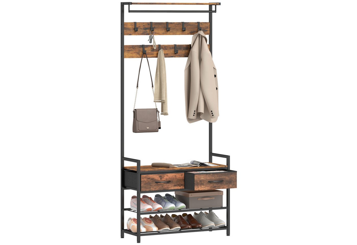 HOMCOM Garderobenständer Kleiderständer, Schuhbank, Kleiderstange, Stoff-Schublade, (Set, 1 St., 1), 5-in-1 Flurgarderobe mit Bank & Schuhregal – Bild 2 von 5