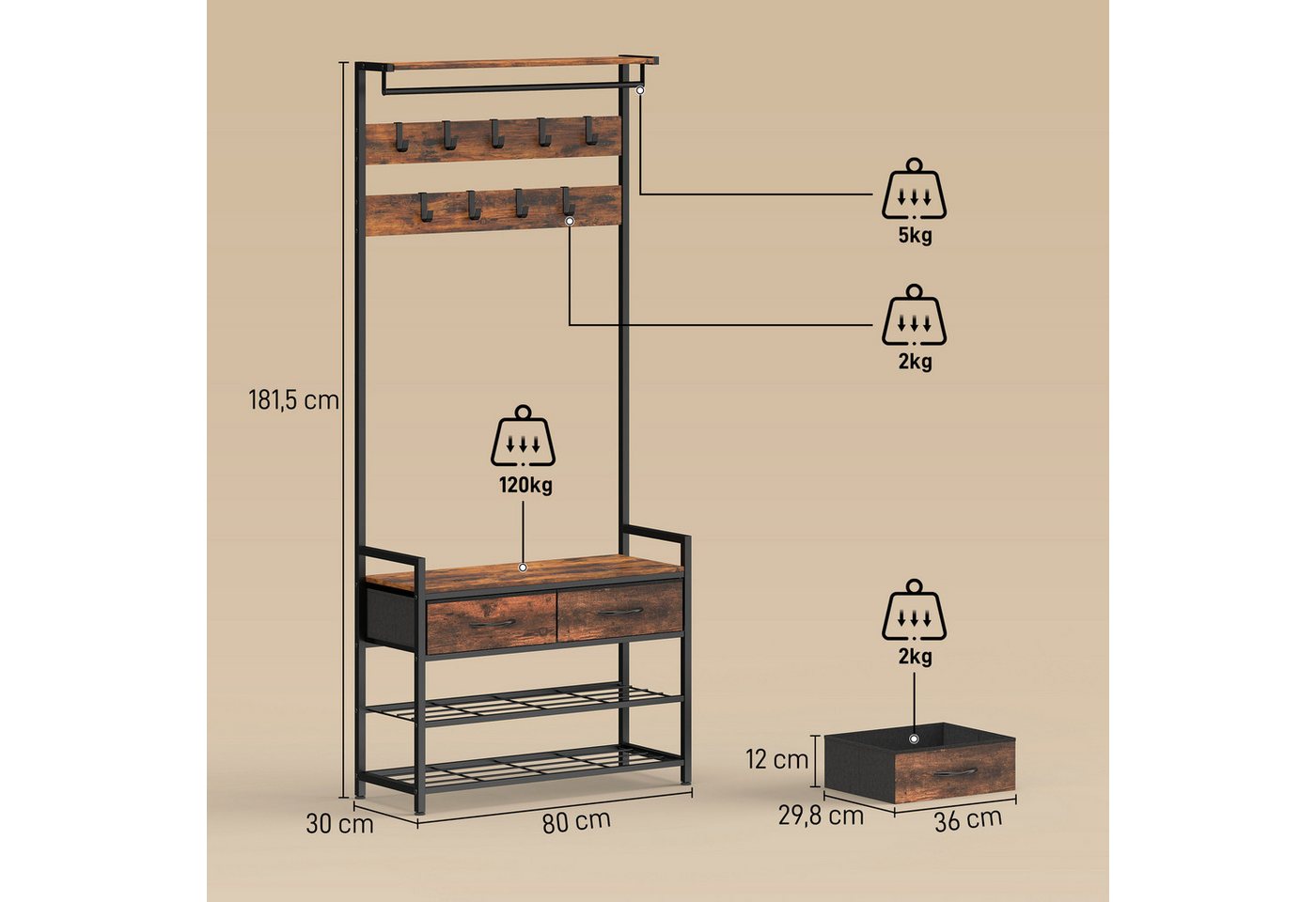 HOMCOM Garderobenständer Kleiderständer, Schuhbank, Kleiderstange, Stoff-Schublade, (Set, 1 St., 1), 5-in-1 Flurgarderobe mit Bank & Schuhregal – Bild 3 von 5