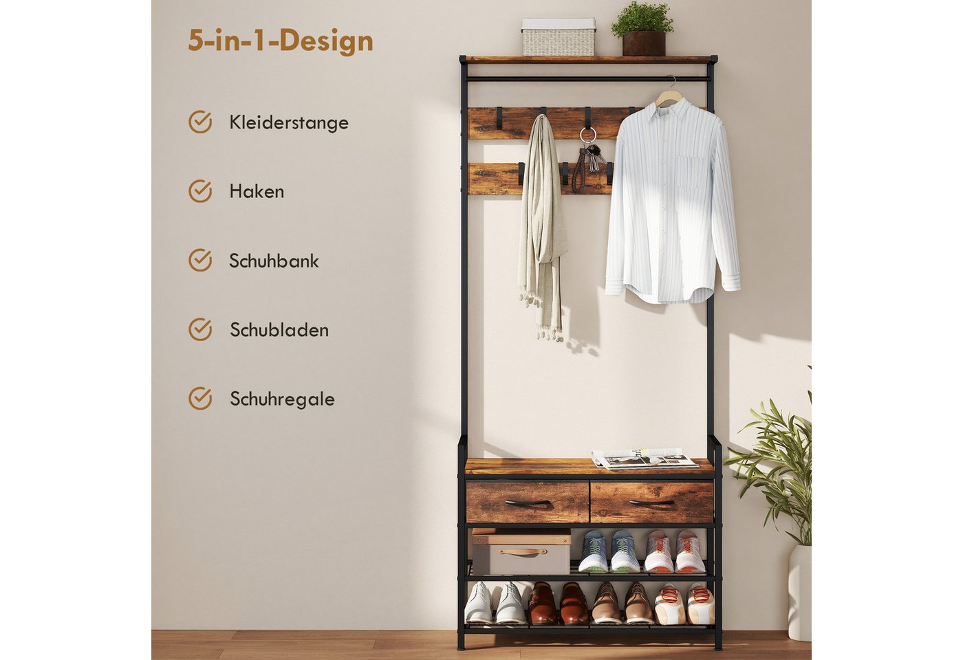 HOMCOM Garderobenständer Kleiderständer, Schuhbank, Kleiderstange, Stoff-Schublade, (Set, 1 St., 1), 5-in-1 Flurgarderobe mit Bank & Schuhregal – Bild 4 von 5