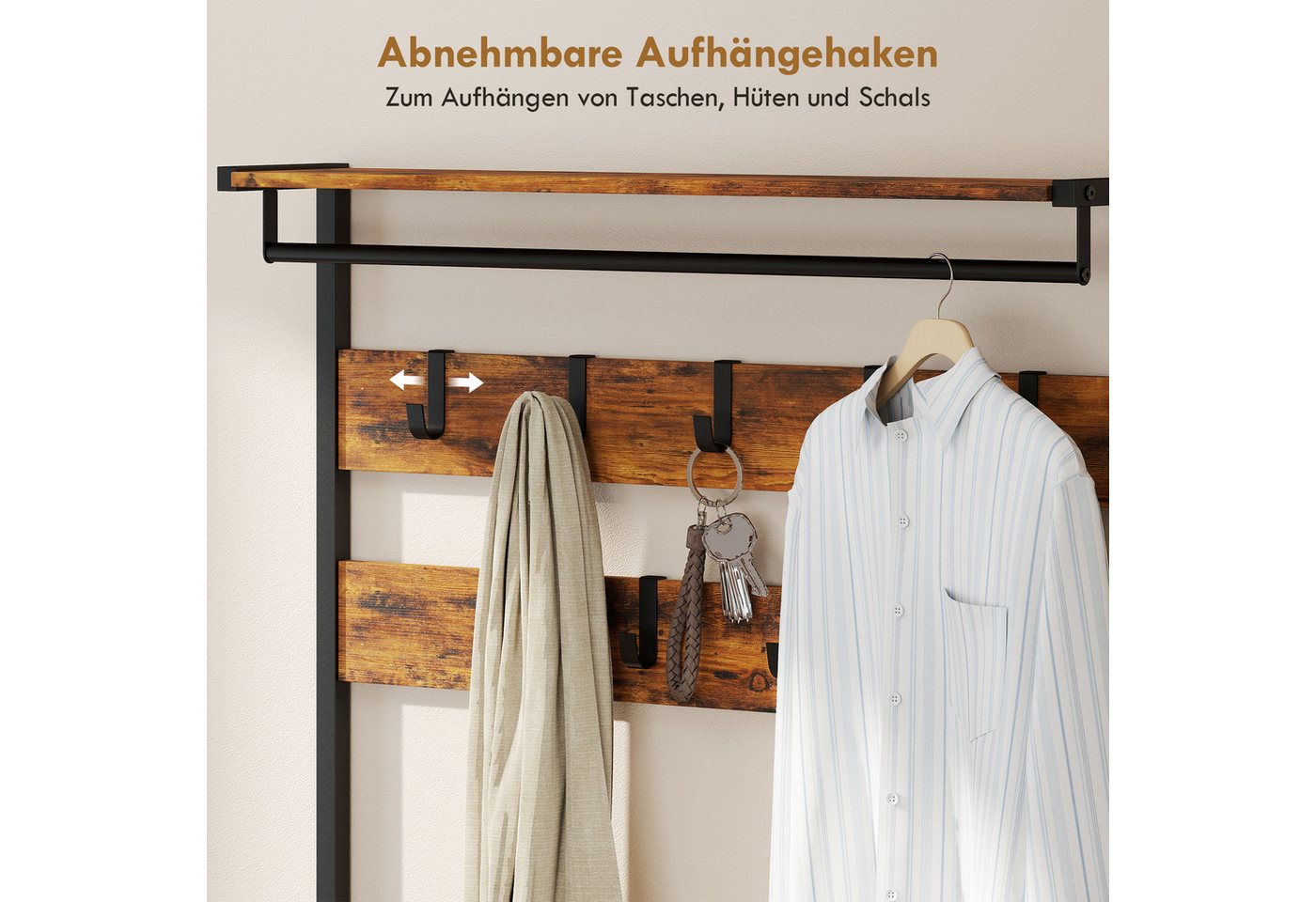 HOMCOM Garderobenständer Kleiderständer, Schuhbank, Kleiderstange, Stoff-Schublade, (Set, 1 St., 1), 5-in-1 Flurgarderobe mit Bank & Schuhregal – Bild 5 von 5
